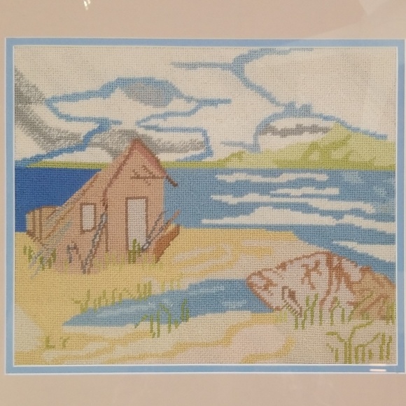 Hand Made Wall Decor Super Fine Needlepoint Framed Beach Scene Wall
